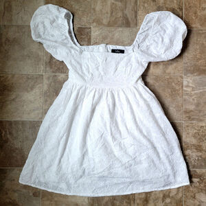 Lulus Womens S White Babydoll Short Mini Dress Eyelet Puff Sleeve Square Neck